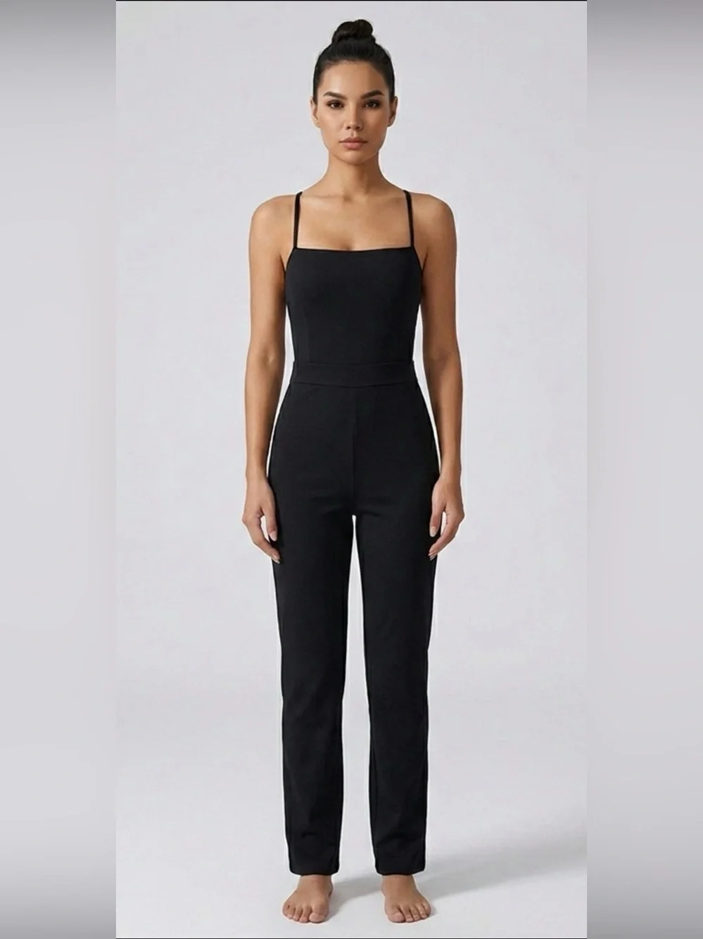 NWOT Black Straight Neck Jumpsuit Open Lace Up Back Size L Fits M